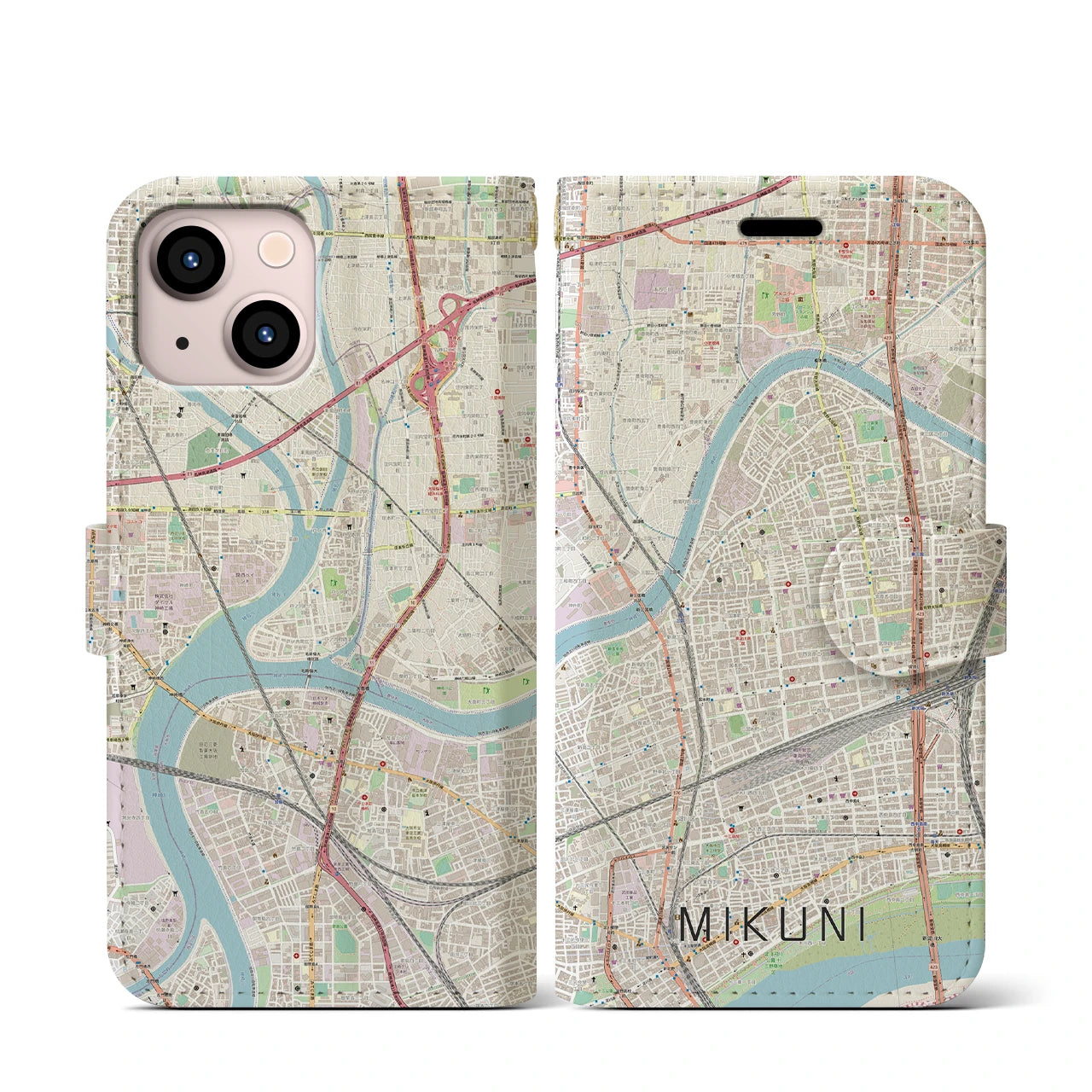 【三国（大阪府）】地図柄iPhoneケース（手帳両面タイプ・ナチュラル）iPhone 13 mini 用