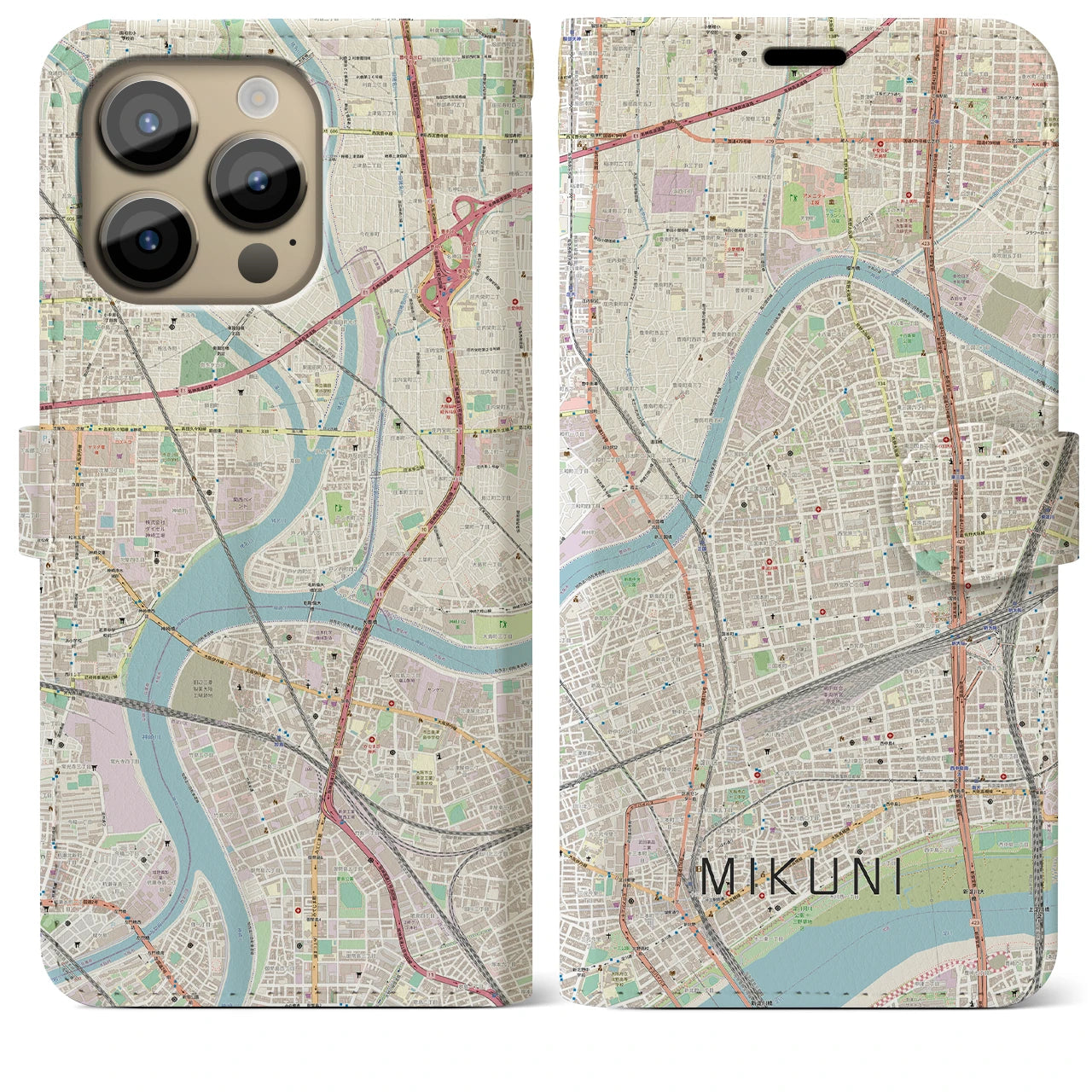【三国（大阪府）】地図柄iPhoneケース（手帳両面タイプ・ナチュラル）iPhone 14 Pro Max 用