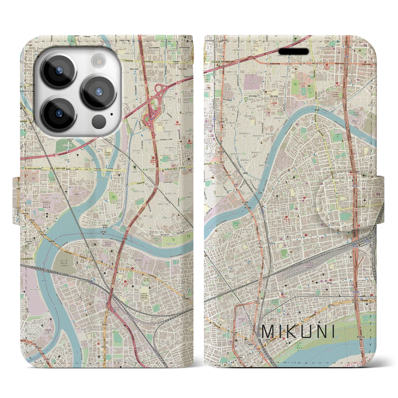 【三国（大阪府）】地図柄iPhoneケース（手帳両面タイプ・ナチュラル）iPhone 14 Pro 用