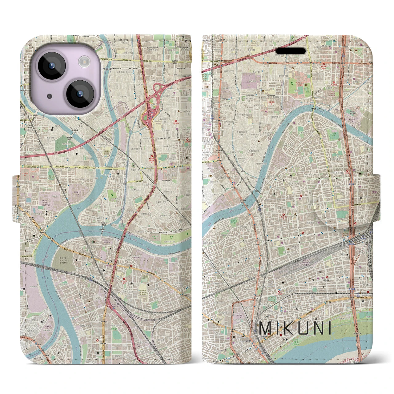 【三国（大阪府）】地図柄iPhoneケース（手帳両面タイプ・ナチュラル）iPhone 14 用