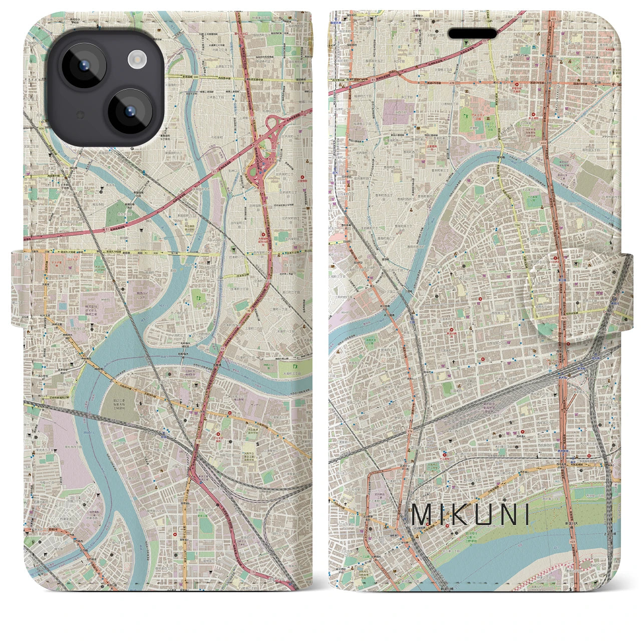 【三国（大阪府）】地図柄iPhoneケース（手帳両面タイプ・ナチュラル）iPhone 14 Plus 用