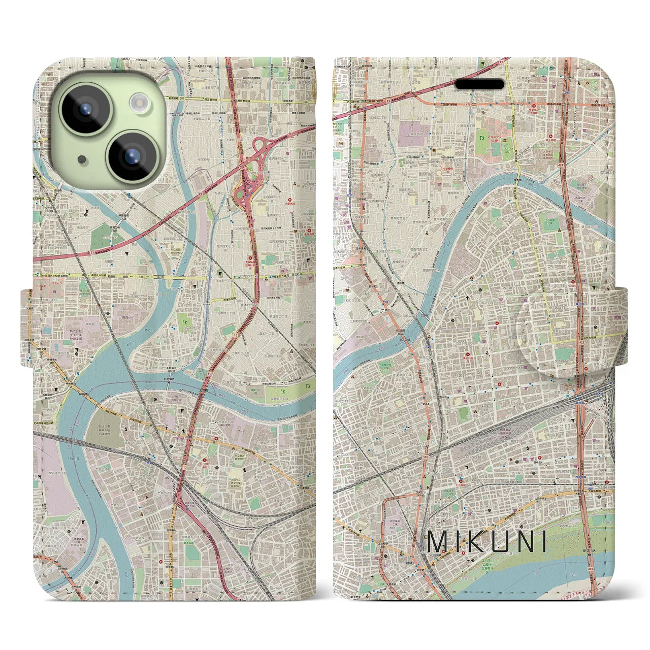【三国（大阪府）】地図柄iPhoneケース（手帳両面タイプ・ナチュラル）iPhone 15 用