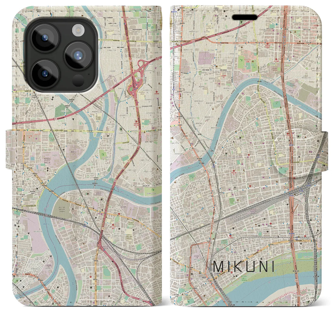 【三国（大阪府）】地図柄iPhoneケース（手帳両面タイプ・ナチュラル）iPhone 15 Pro Max 用
