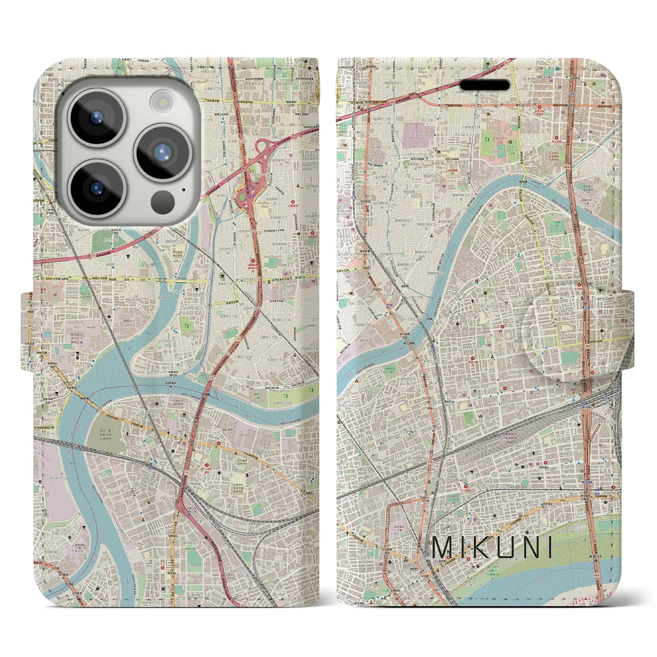 【三国（大阪府）】地図柄iPhoneケース（手帳両面タイプ・ナチュラル）iPhone 15 Pro 用