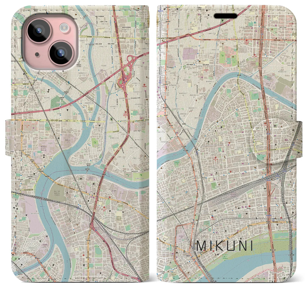 【三国（大阪府）】地図柄iPhoneケース（手帳両面タイプ・ナチュラル）iPhone 15 Plus 用