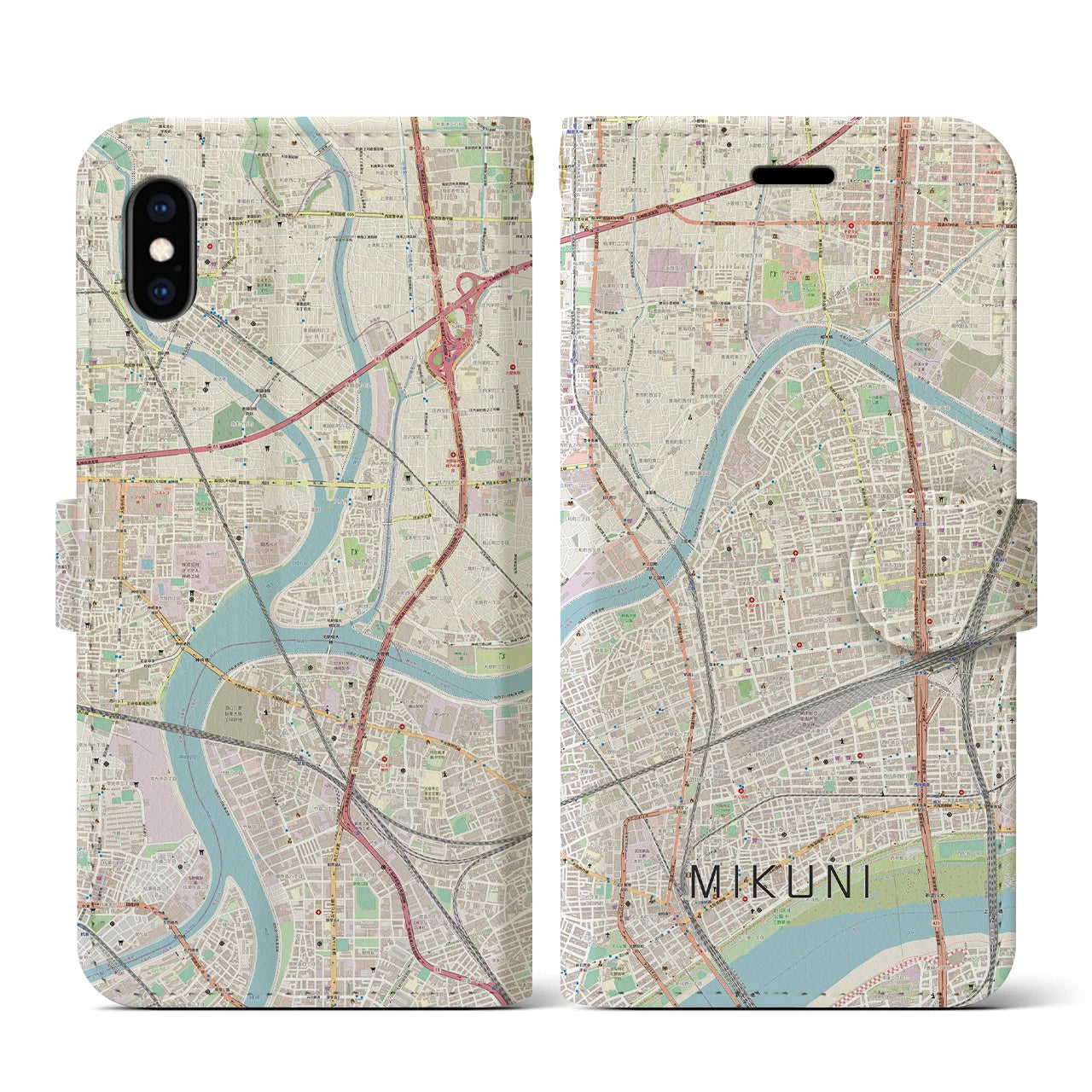 【三国（大阪府）】地図柄iPhoneケース（手帳両面タイプ・ナチュラル）iPhone XS / X 用