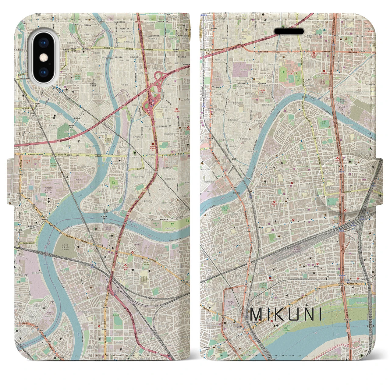 【三国（大阪府）】地図柄iPhoneケース（手帳両面タイプ・ナチュラル）iPhone XS Max 用