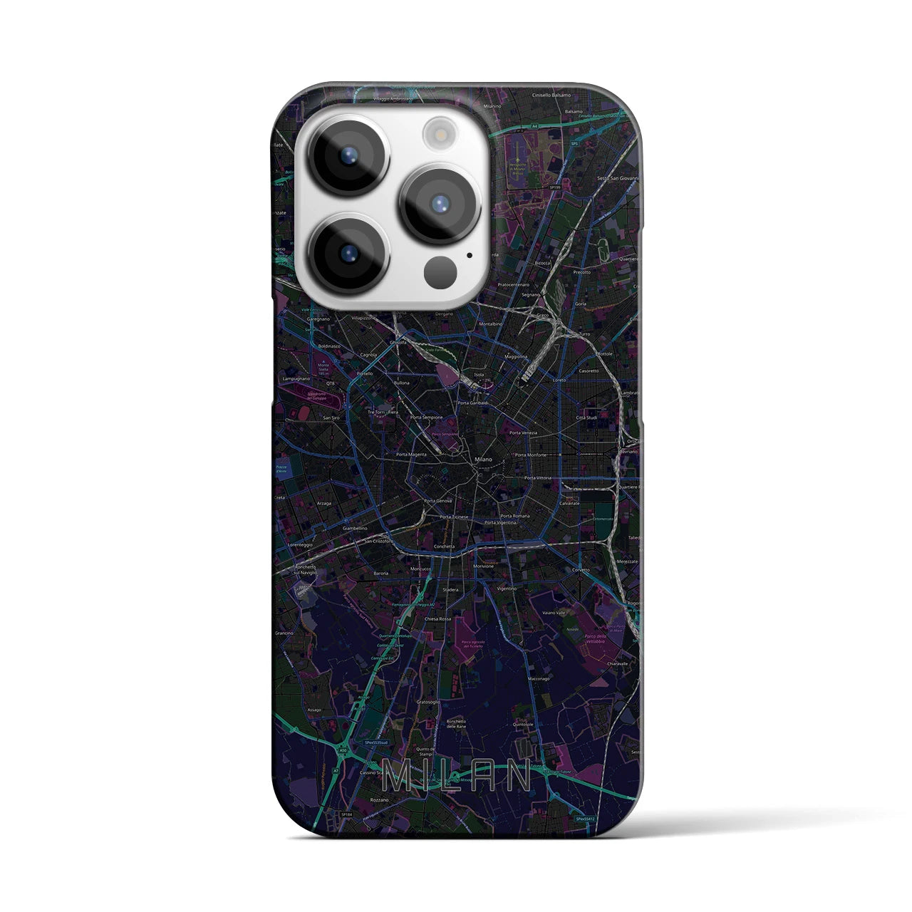【ミラノ】地図柄iPhoneケース（バックカバータイプ・ブラック）iPhone 14 Pro 用