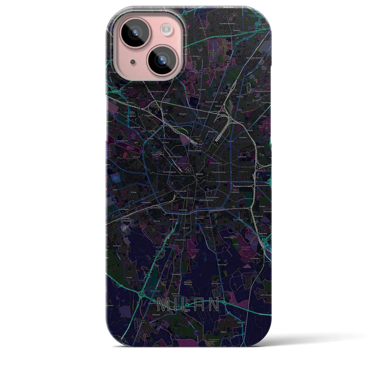 【ミラノ】地図柄iPhoneケース（バックカバータイプ・ブラック）iPhone 15 Plus 用