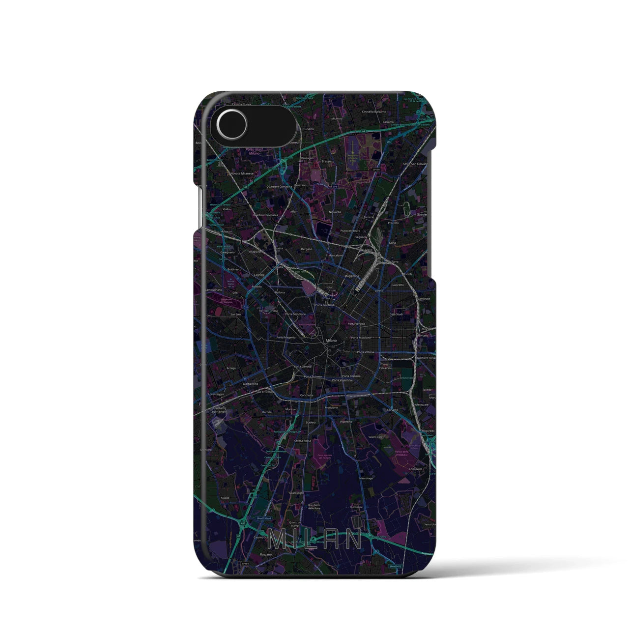 【ミラノ】地図柄iPhoneケース（バックカバータイプ・ブラック）iPhone SE（第3 / 第2世代） / 8 / 7 / 6s / 6 用