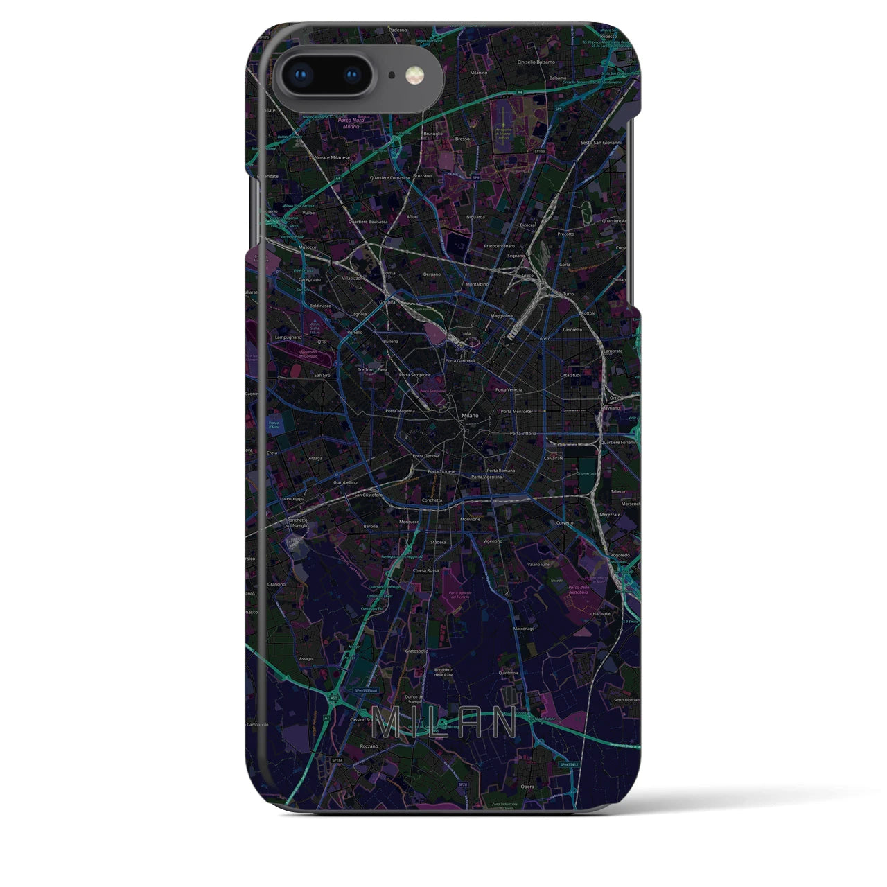 【ミラノ】地図柄iPhoneケース（バックカバータイプ・ブラック）iPhone 8Plus /7Plus / 6sPlus / 6Plus 用
