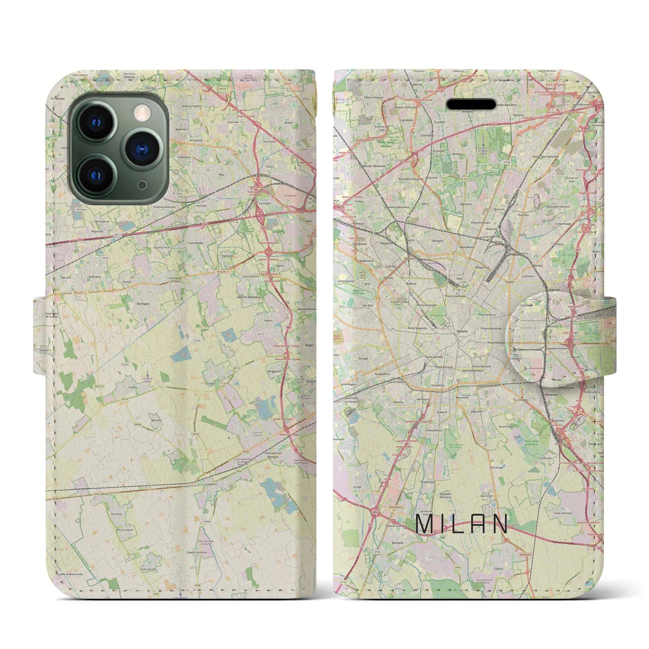 【ミラノ】地図柄iPhoneケース（手帳両面タイプ・ナチュラル）iPhone 11 Pro 用