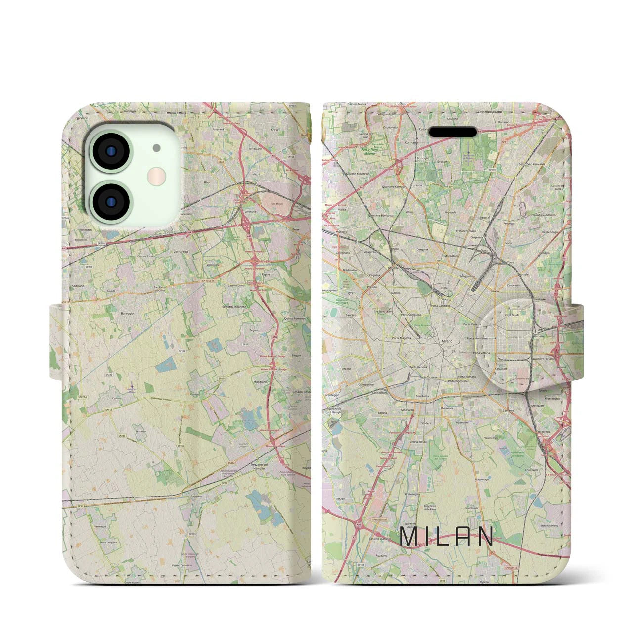 【ミラノ】地図柄iPhoneケース（手帳両面タイプ・ナチュラル）iPhone 12 mini 用