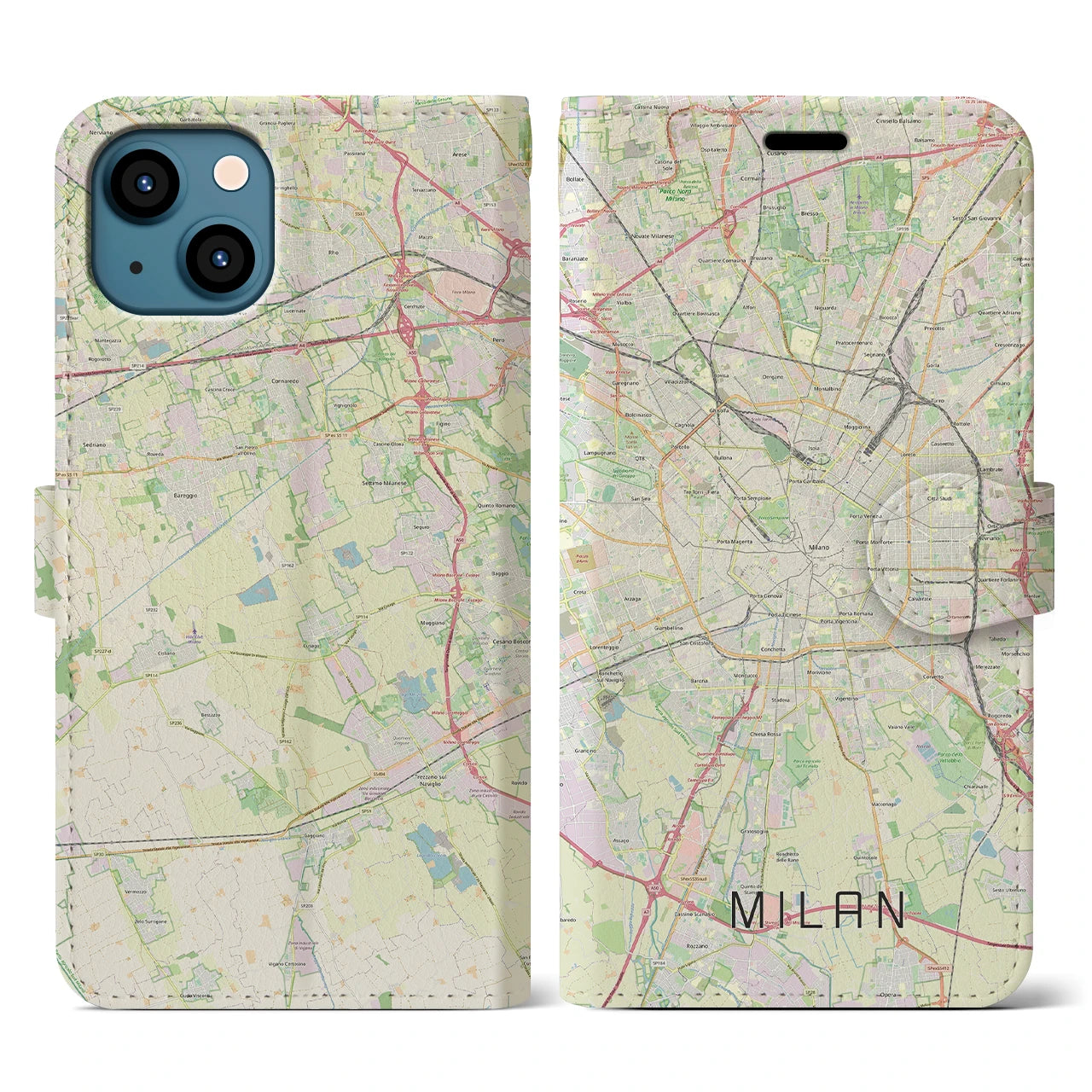 【ミラノ】地図柄iPhoneケース（手帳両面タイプ・ナチュラル）iPhone 13 用