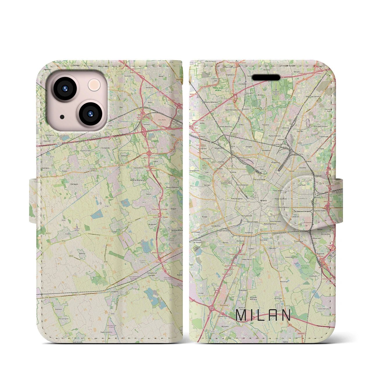 【ミラノ】地図柄iPhoneケース（手帳両面タイプ・ナチュラル）iPhone 13 mini 用