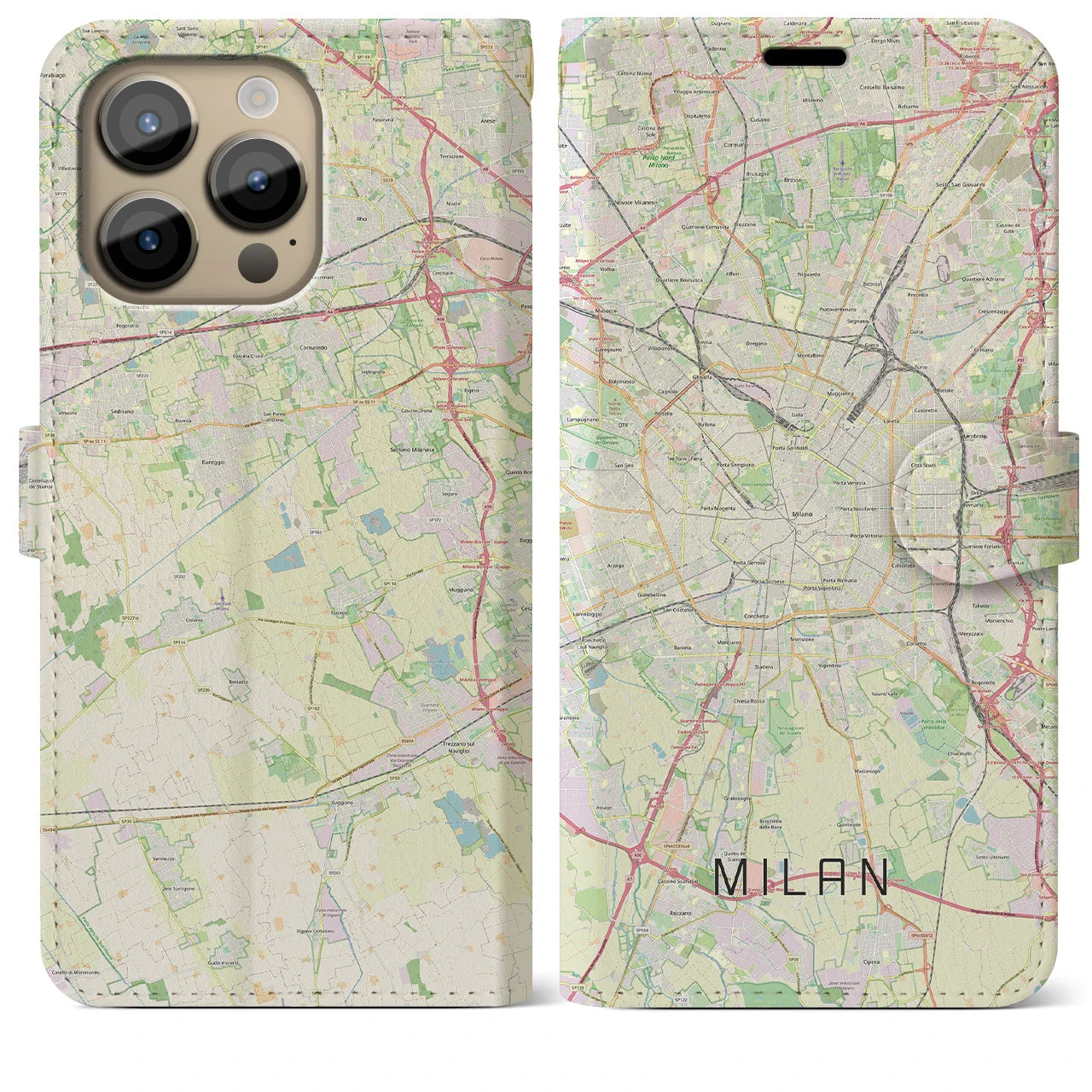 【ミラノ】地図柄iPhoneケース（手帳両面タイプ・ナチュラル）iPhone 14 Pro Max 用