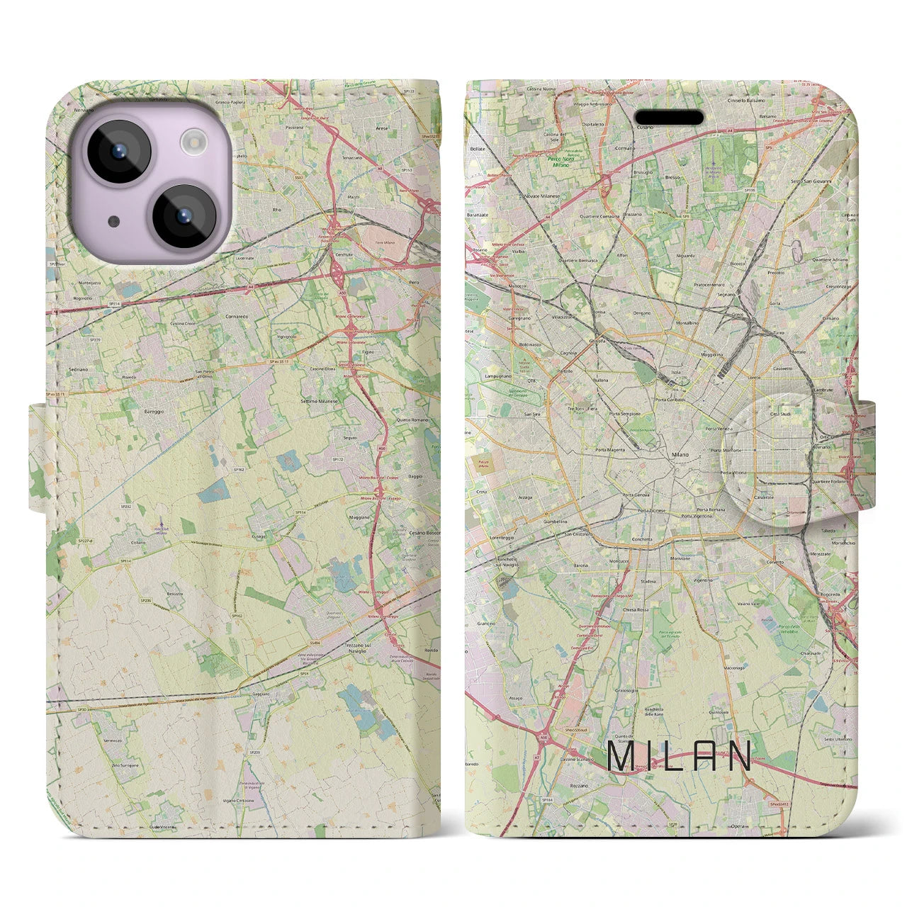 【ミラノ】地図柄iPhoneケース（手帳両面タイプ・ナチュラル）iPhone 14 用