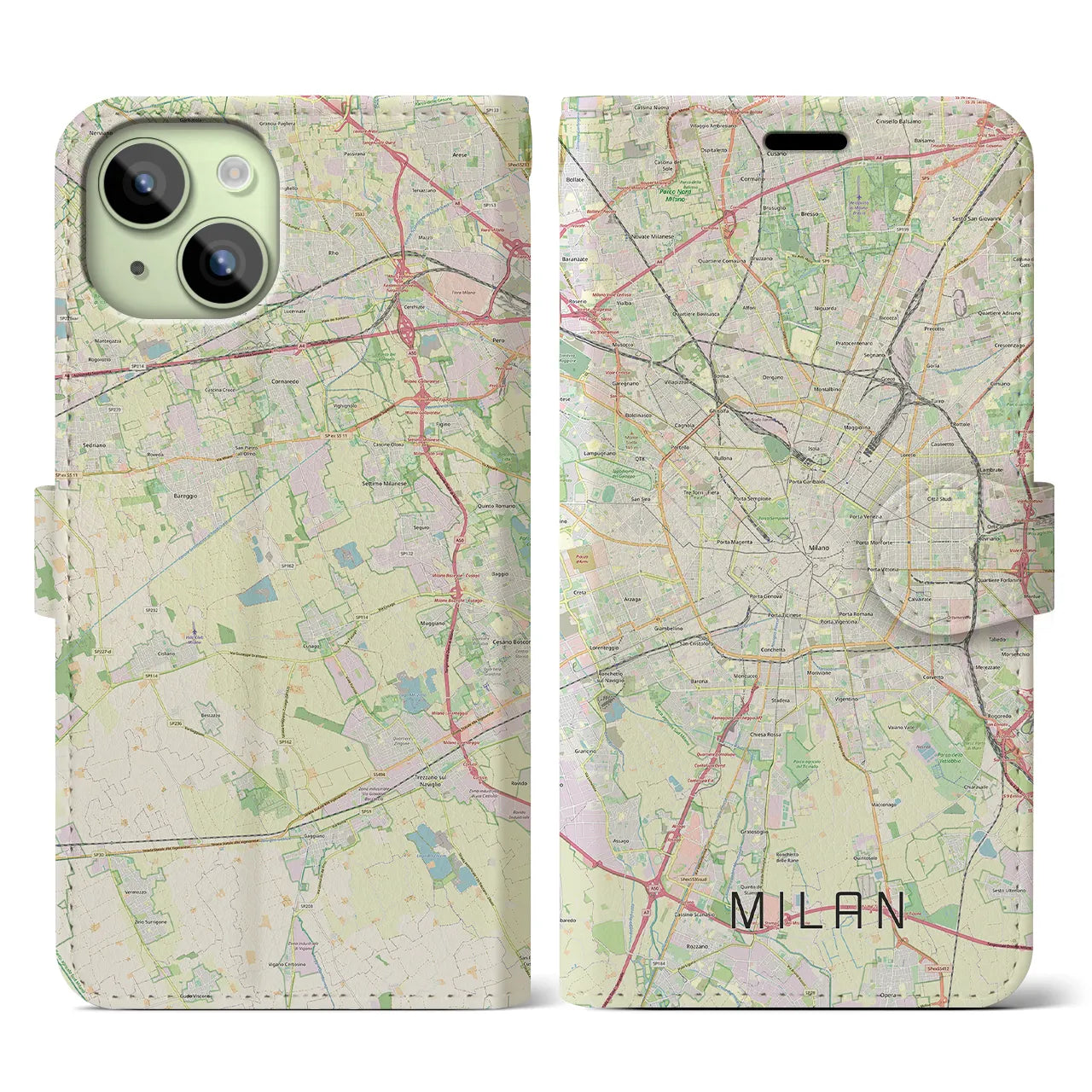 【ミラノ】地図柄iPhoneケース（手帳両面タイプ・ナチュラル）iPhone 15 用