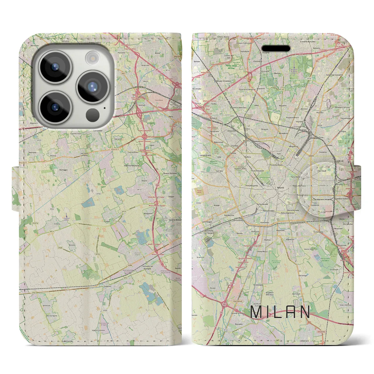 【ミラノ】地図柄iPhoneケース（手帳両面タイプ・ナチュラル）iPhone 15 Pro 用