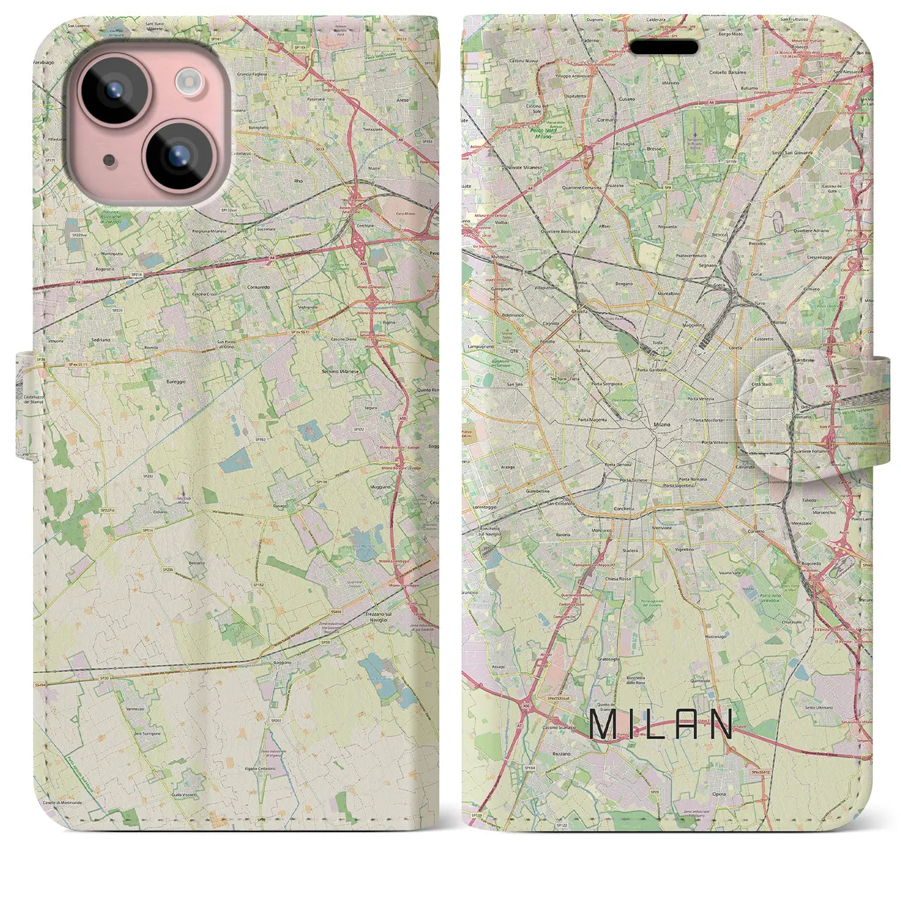 【ミラノ】地図柄iPhoneケース（手帳両面タイプ・ナチュラル）iPhone 15 Plus 用