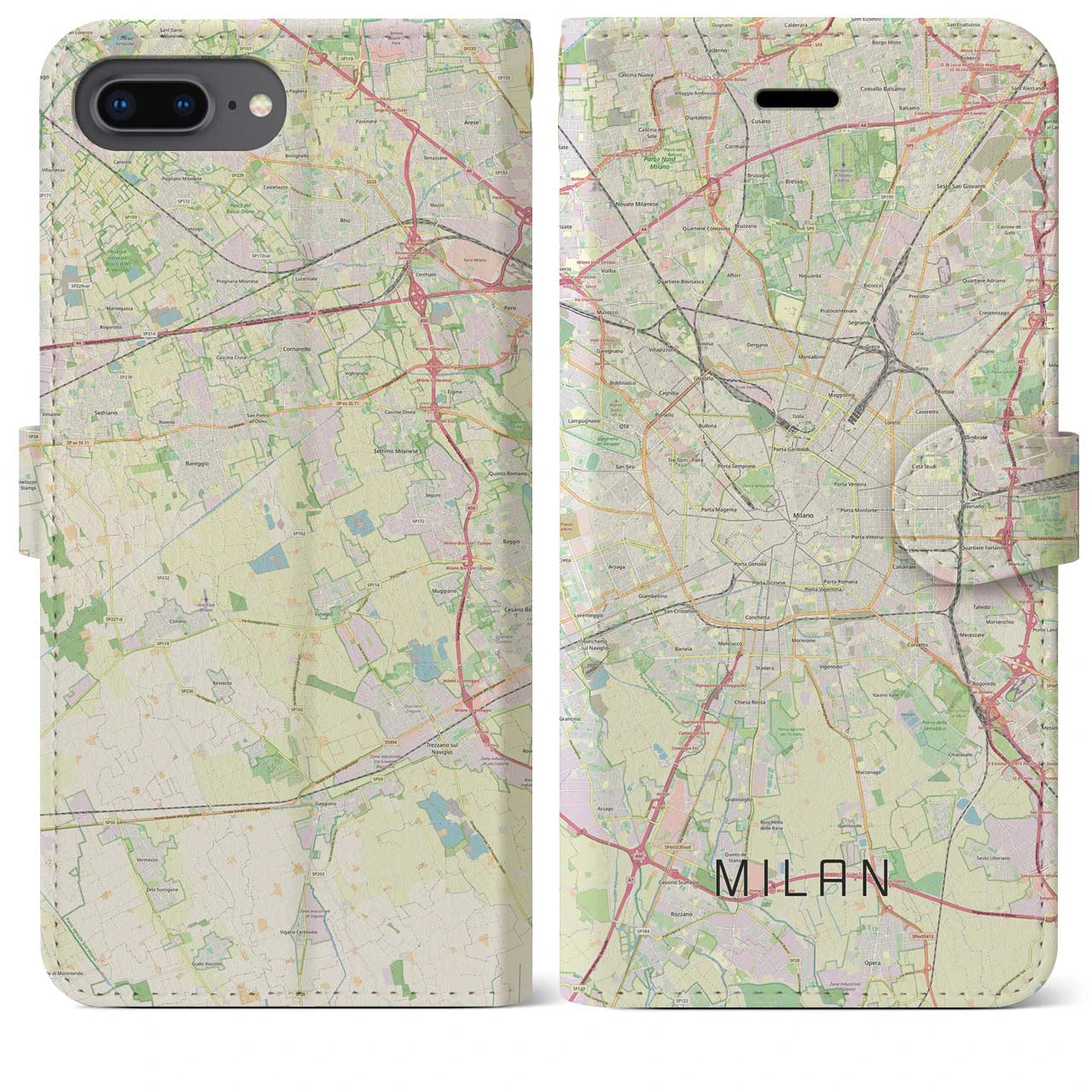 【ミラノ】地図柄iPhoneケース（手帳両面タイプ・ナチュラル）iPhone 8Plus /7Plus / 6sPlus / 6Plus 用