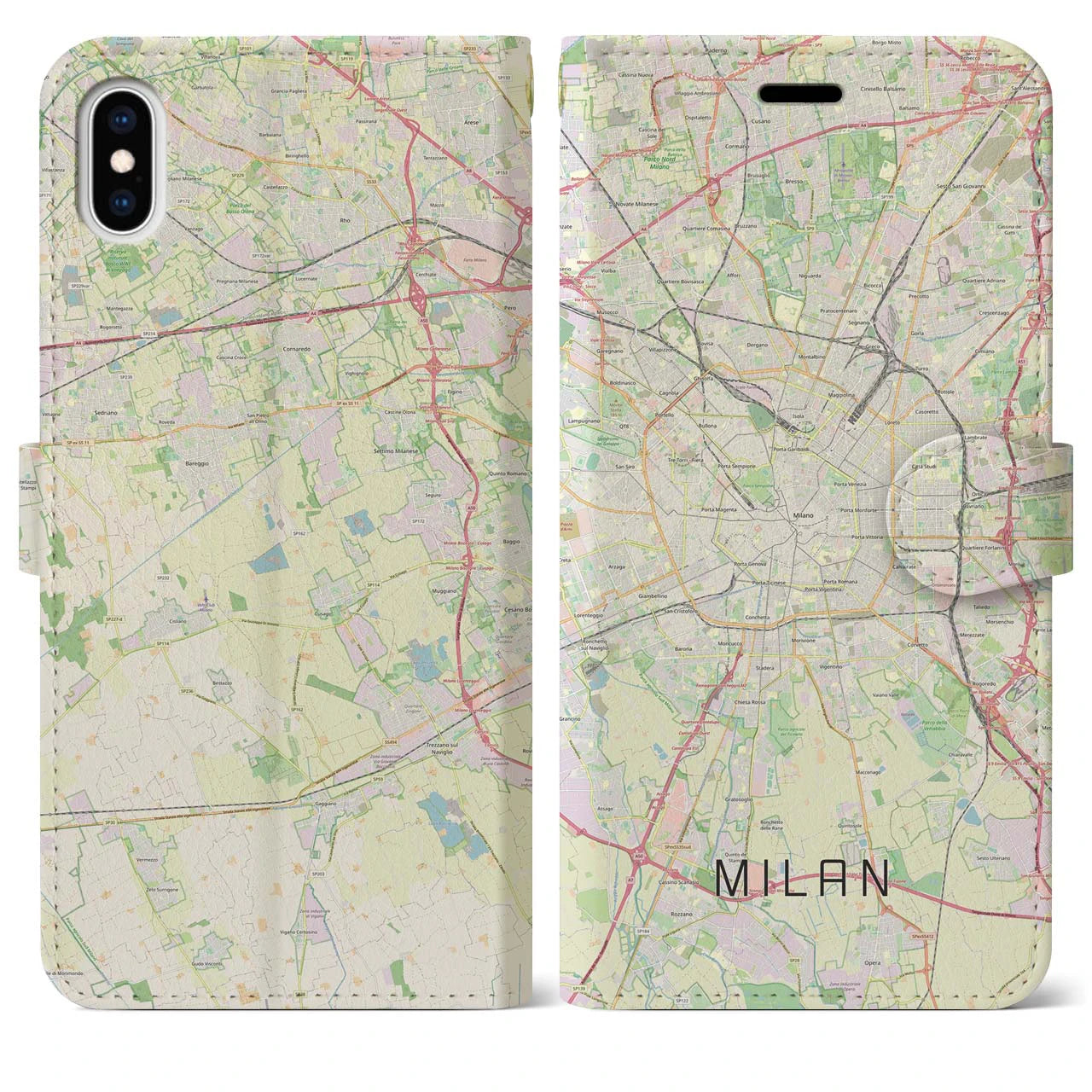 【ミラノ】地図柄iPhoneケース（手帳両面タイプ・ナチュラル）iPhone XS Max 用