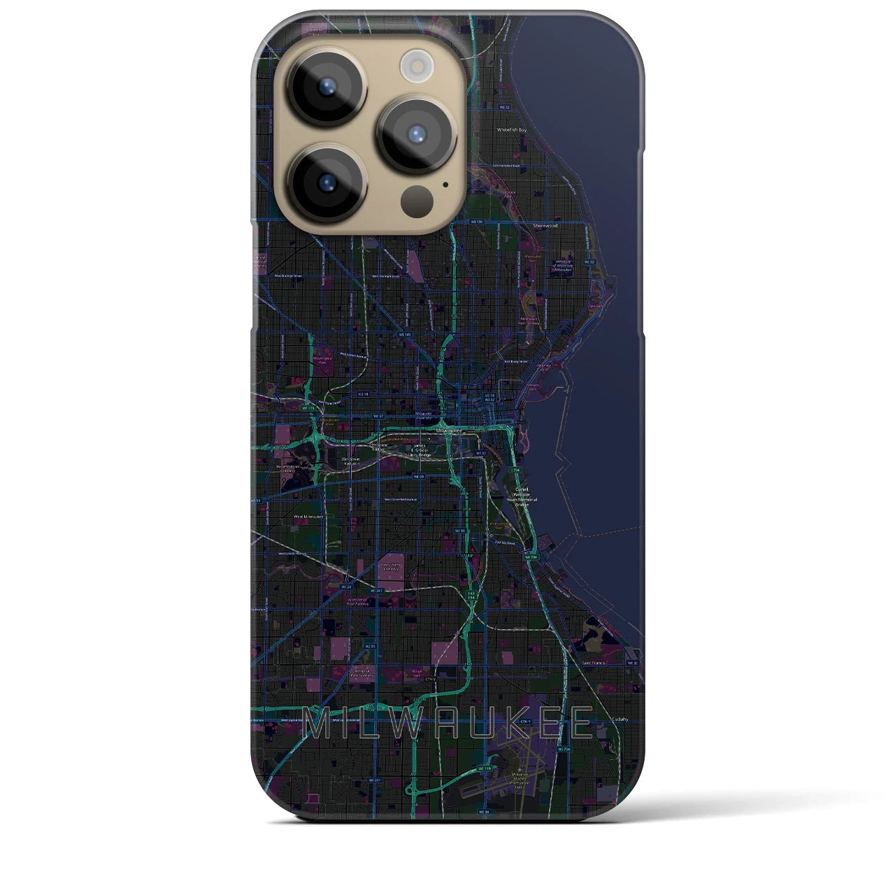 【ミルウォーキー】地図柄iPhoneケース（バックカバータイプ・ブラック）iPhone 14 Pro Max 用