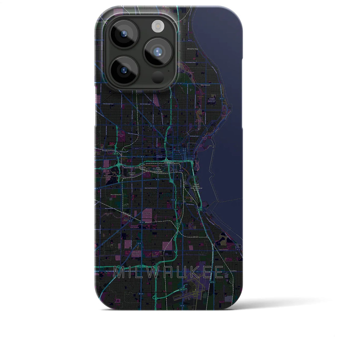 【ミルウォーキー】地図柄iPhoneケース（バックカバータイプ・ブラック）iPhone 15 Pro Max 用