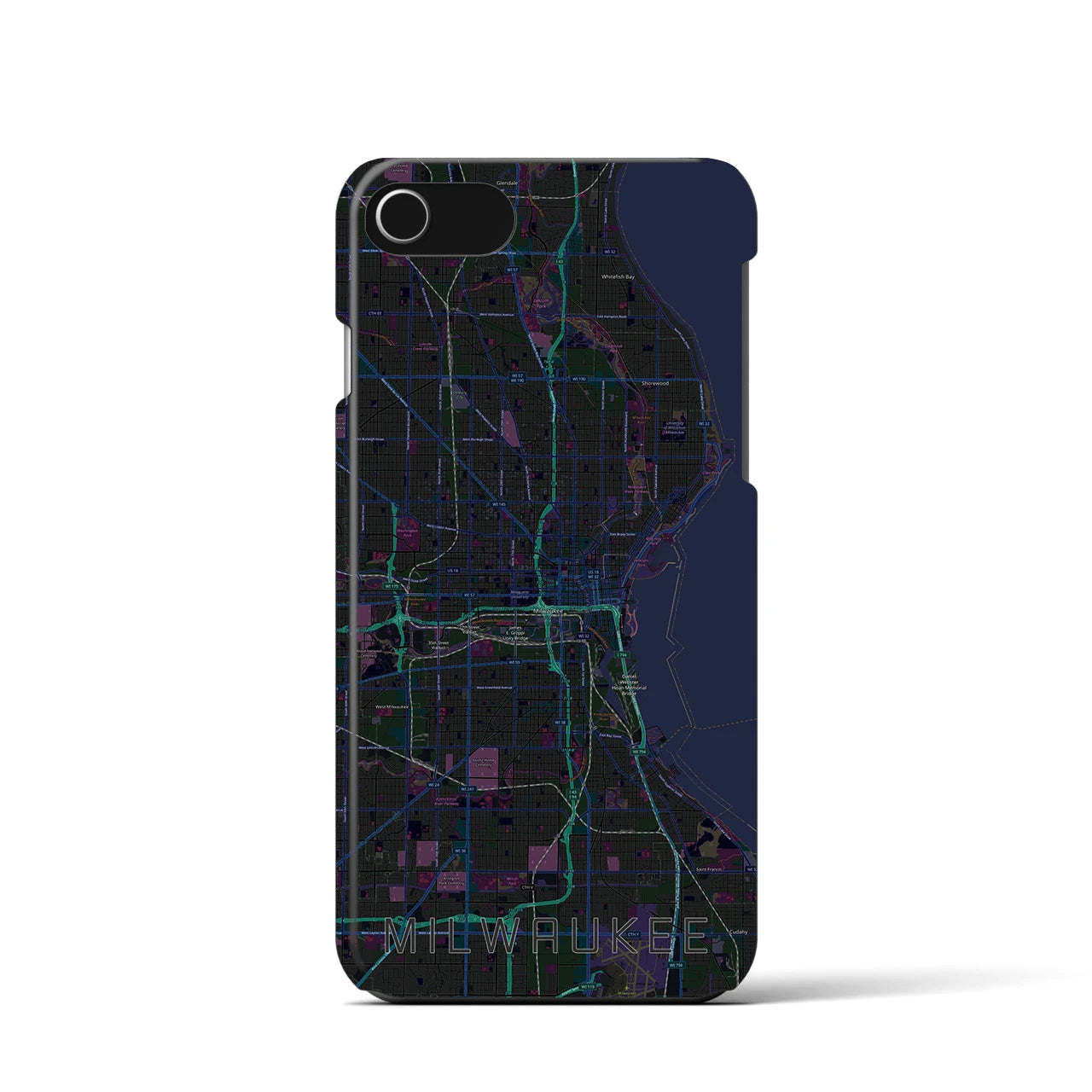 【ミルウォーキー】地図柄iPhoneケース（バックカバータイプ・ブラック）iPhone SE（第3 / 第2世代） / 8 / 7 / 6s / 6 用