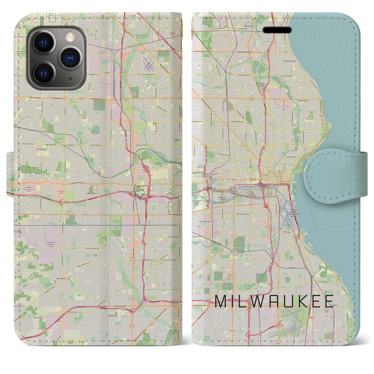 【ミルウォーキー】地図柄iPhoneケース（手帳両面タイプ・ナチュラル）iPhone 11 Pro Max 用