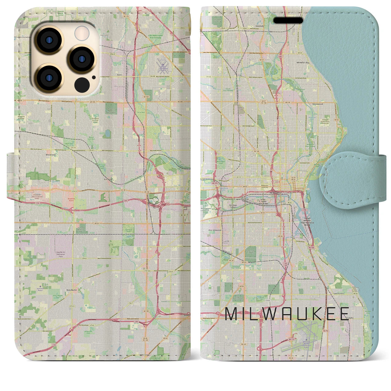 【ミルウォーキー】地図柄iPhoneケース（手帳両面タイプ・ナチュラル）iPhone 12 Pro Max 用