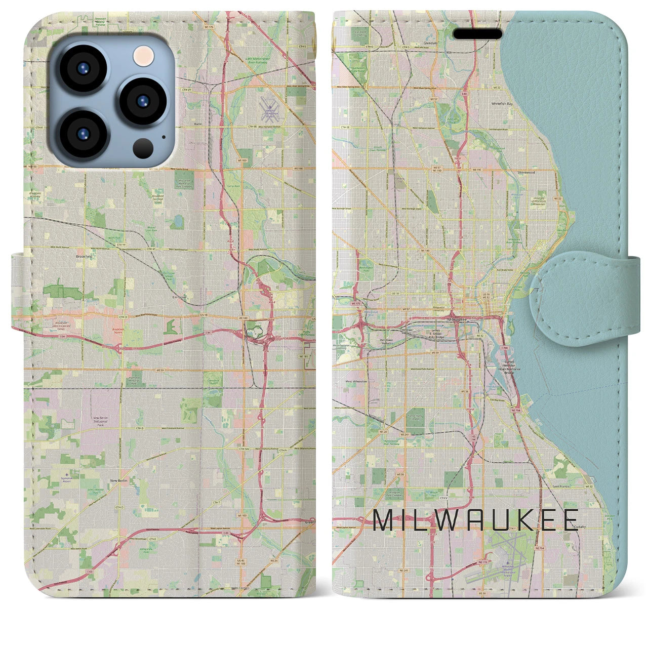 【ミルウォーキー】地図柄iPhoneケース（手帳両面タイプ・ナチュラル）iPhone 13 Pro Max 用