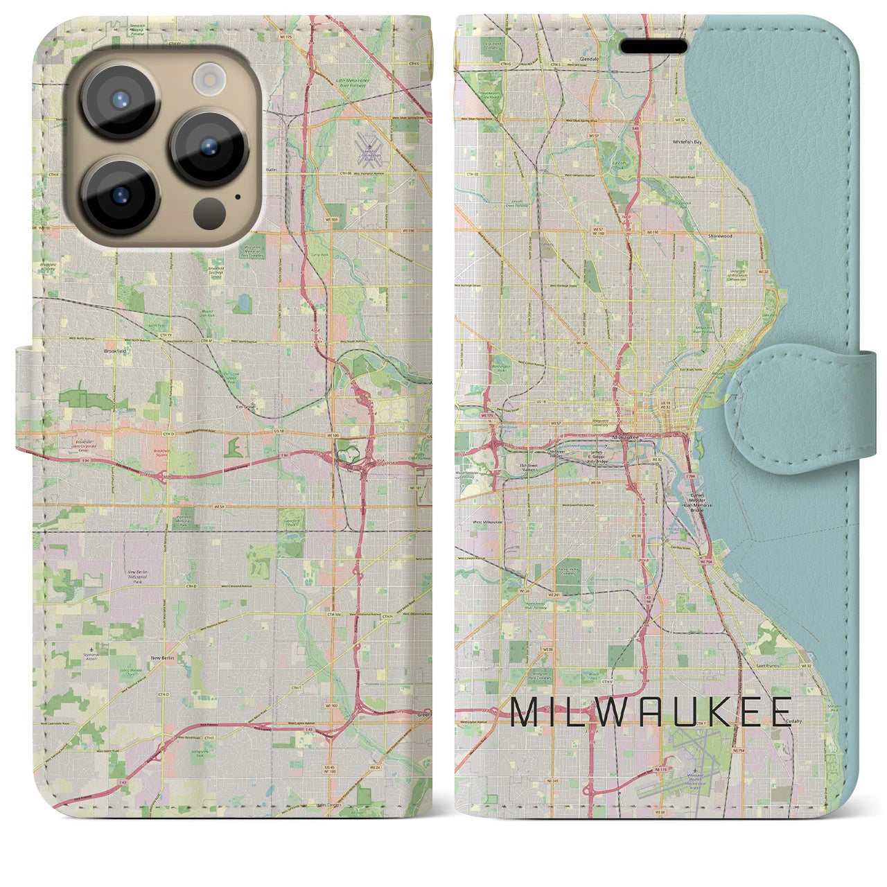 【ミルウォーキー】地図柄iPhoneケース（手帳両面タイプ・ナチュラル）iPhone 14 Pro Max 用