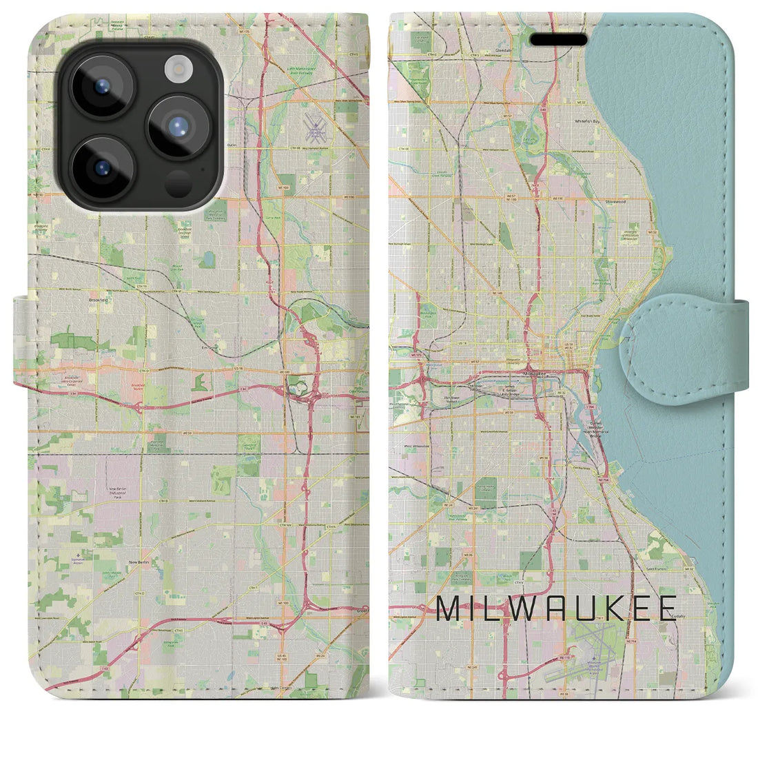 【ミルウォーキー】地図柄iPhoneケース（手帳両面タイプ・ナチュラル）iPhone 15 Pro Max 用