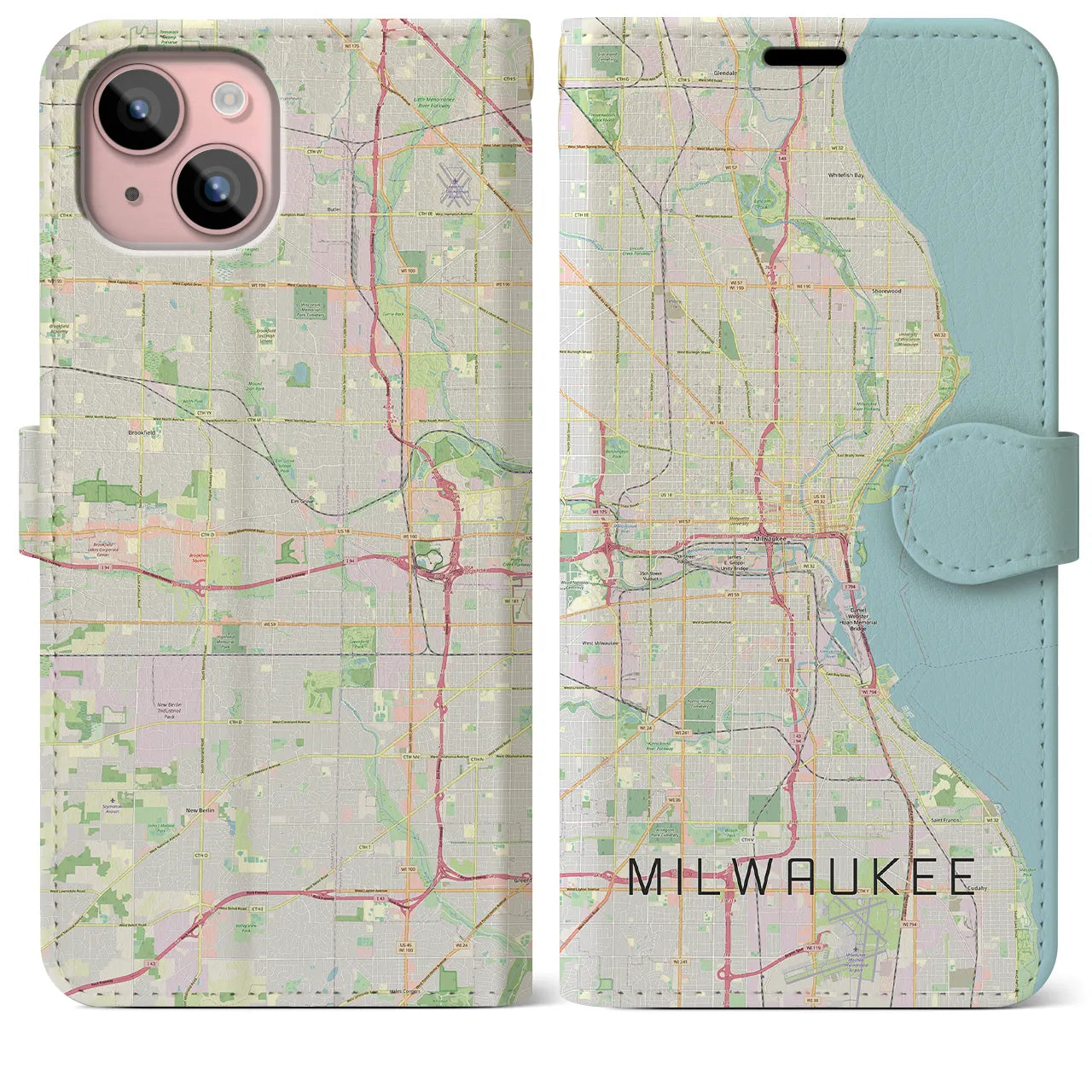【ミルウォーキー】地図柄iPhoneケース（手帳両面タイプ・ナチュラル）iPhone 15 Plus 用