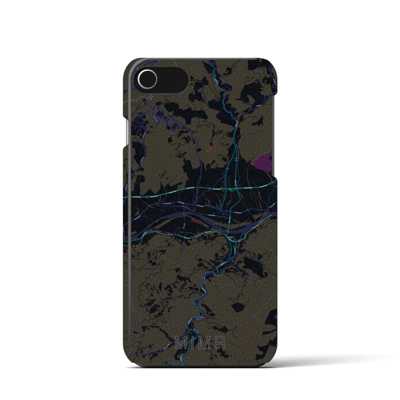 【美馬】地図柄iPhoneケース（バックカバータイプ・ブラック）iPhone SE（第3 / 第2世代） / 8 / 7 / 6s / 6 用