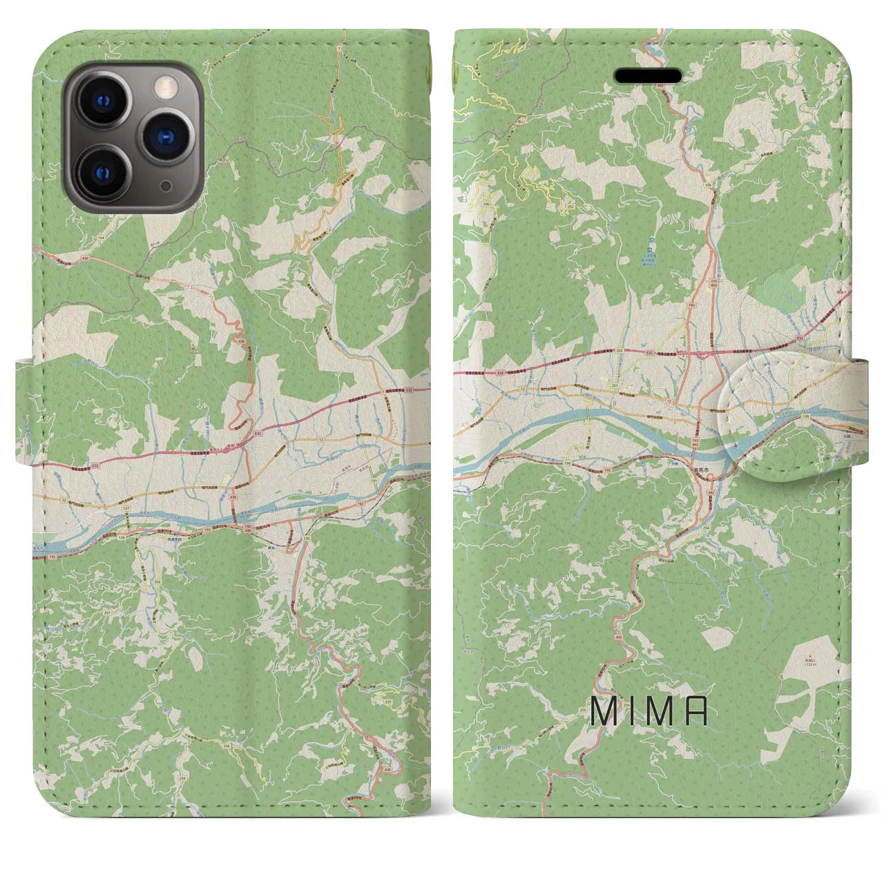 【美馬】地図柄iPhoneケース（手帳両面タイプ・ナチュラル）iPhone 11 Pro Max 用