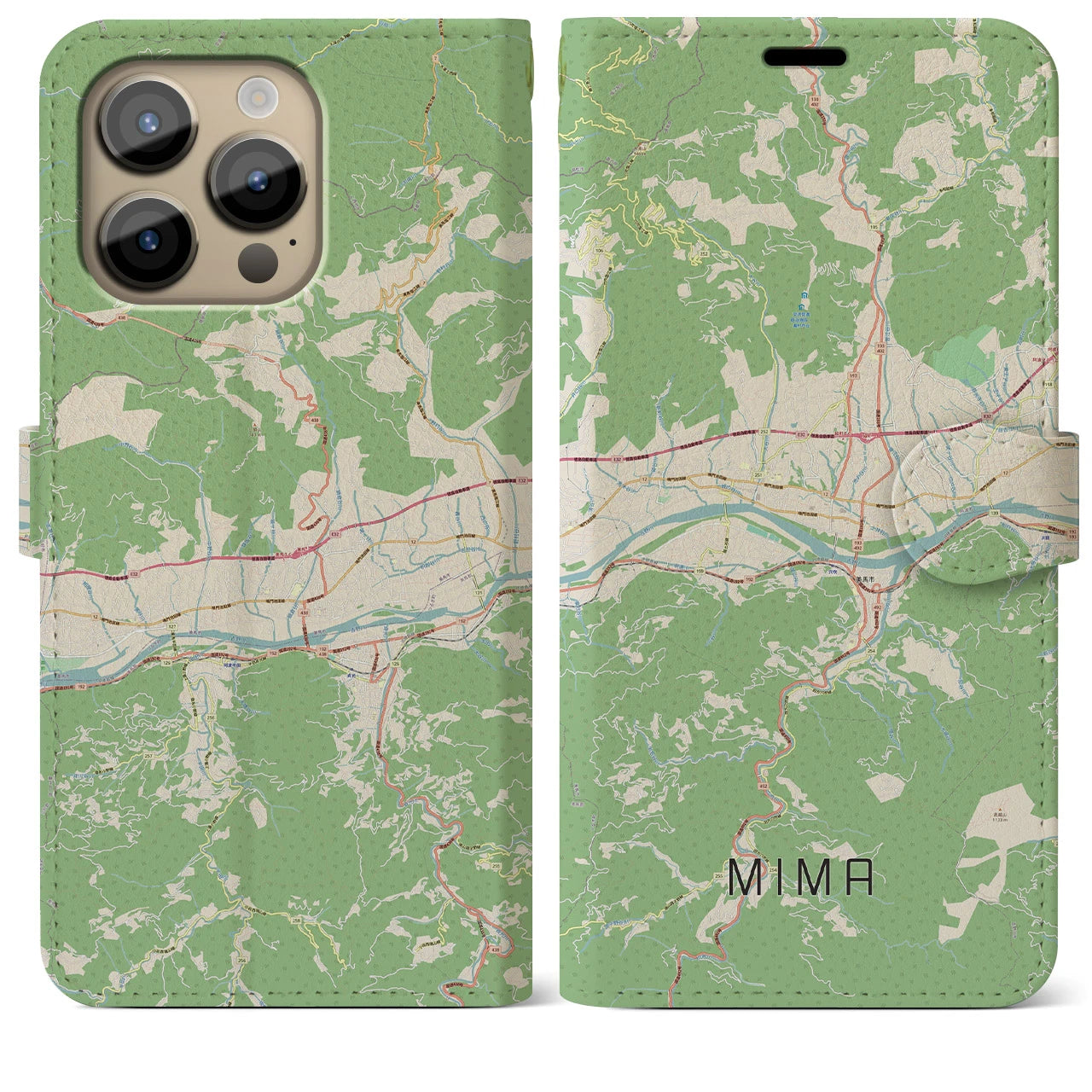 【美馬】地図柄iPhoneケース（手帳両面タイプ・ナチュラル）iPhone 14 Pro Max 用
