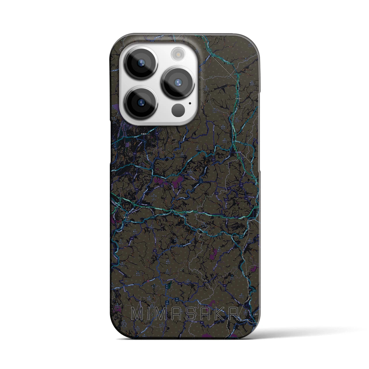 【美作】地図柄iPhoneケース（バックカバータイプ・ブラック）iPhone 14 Pro 用
