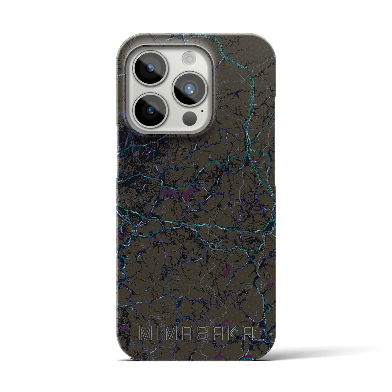 【美作】地図柄iPhoneケース（バックカバータイプ・ブラック）iPhone 15 Pro 用