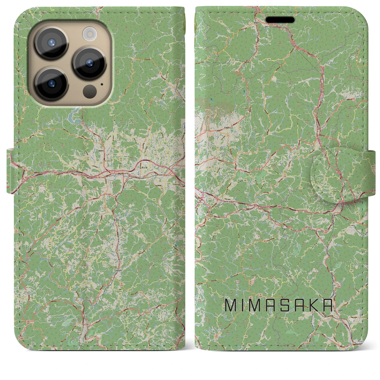【美作】地図柄iPhoneケース（手帳両面タイプ・ナチュラル）iPhone 14 Pro Max 用