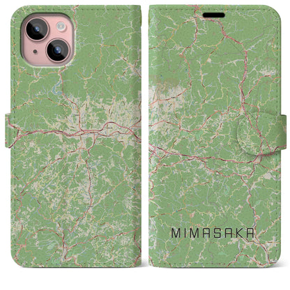 【美作（岡山県）】地図柄iPhoneケース（手帳タイプ）ナチュラル・iPhone 15 Plus 用