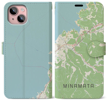 【水俣（熊本県）】地図柄iPhoneケース（手帳タイプ）ナチュラル・iPhone 15 Plus 用