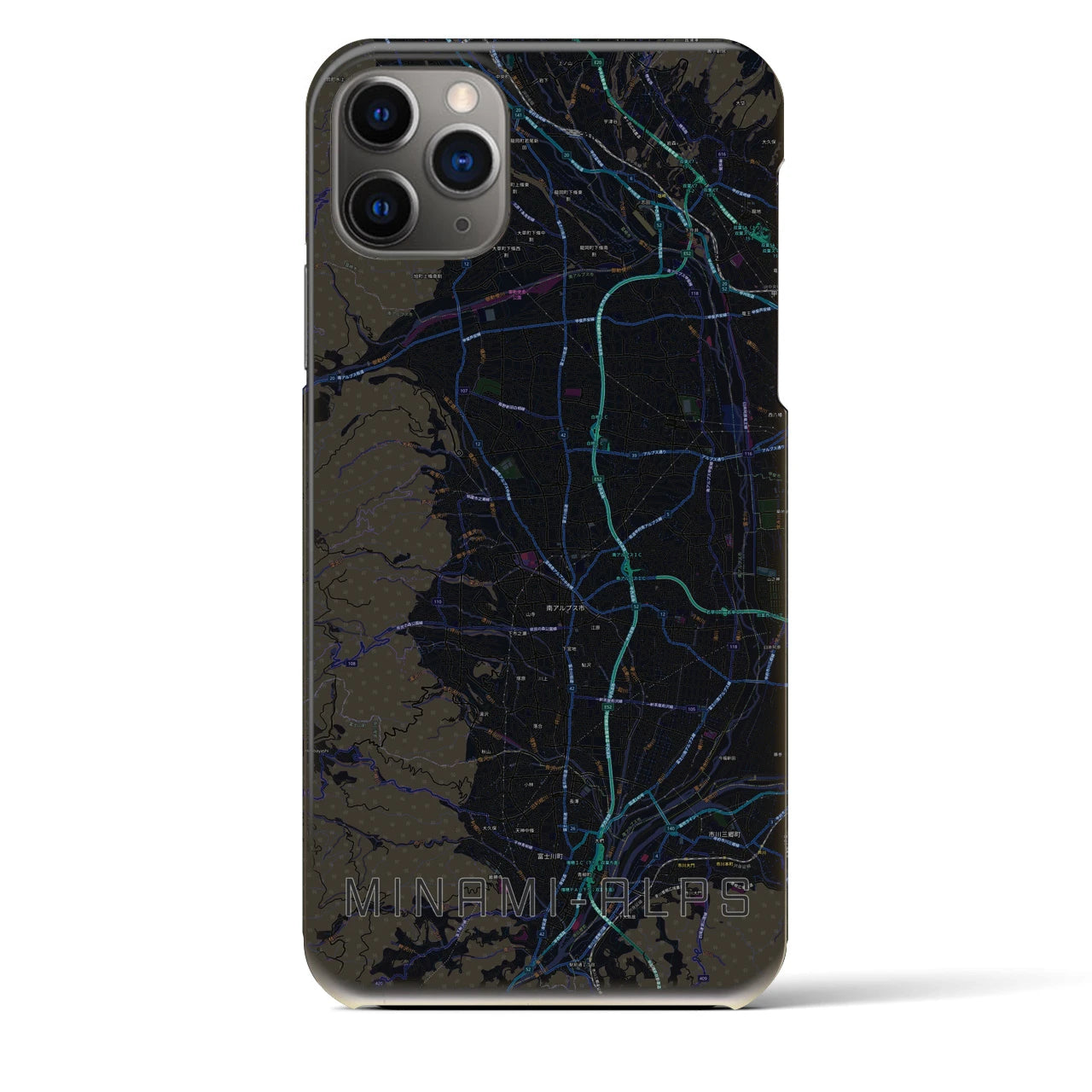 【南アルプス】地図柄iPhoneケース（バックカバータイプ・ブラック）iPhone 11 Pro Max 用
