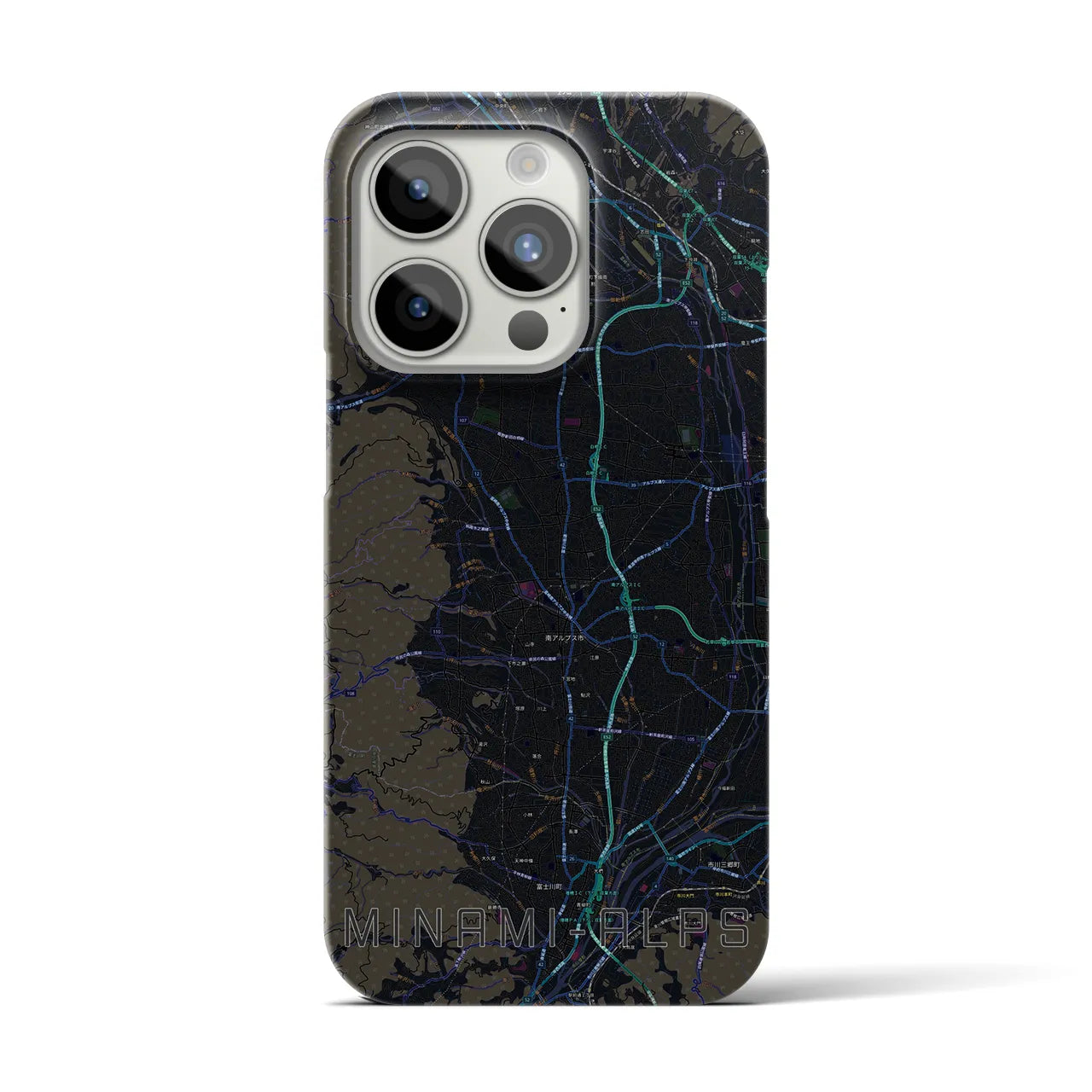 【南アルプス】地図柄iPhoneケース（バックカバータイプ・ブラック）iPhone 15 Pro 用