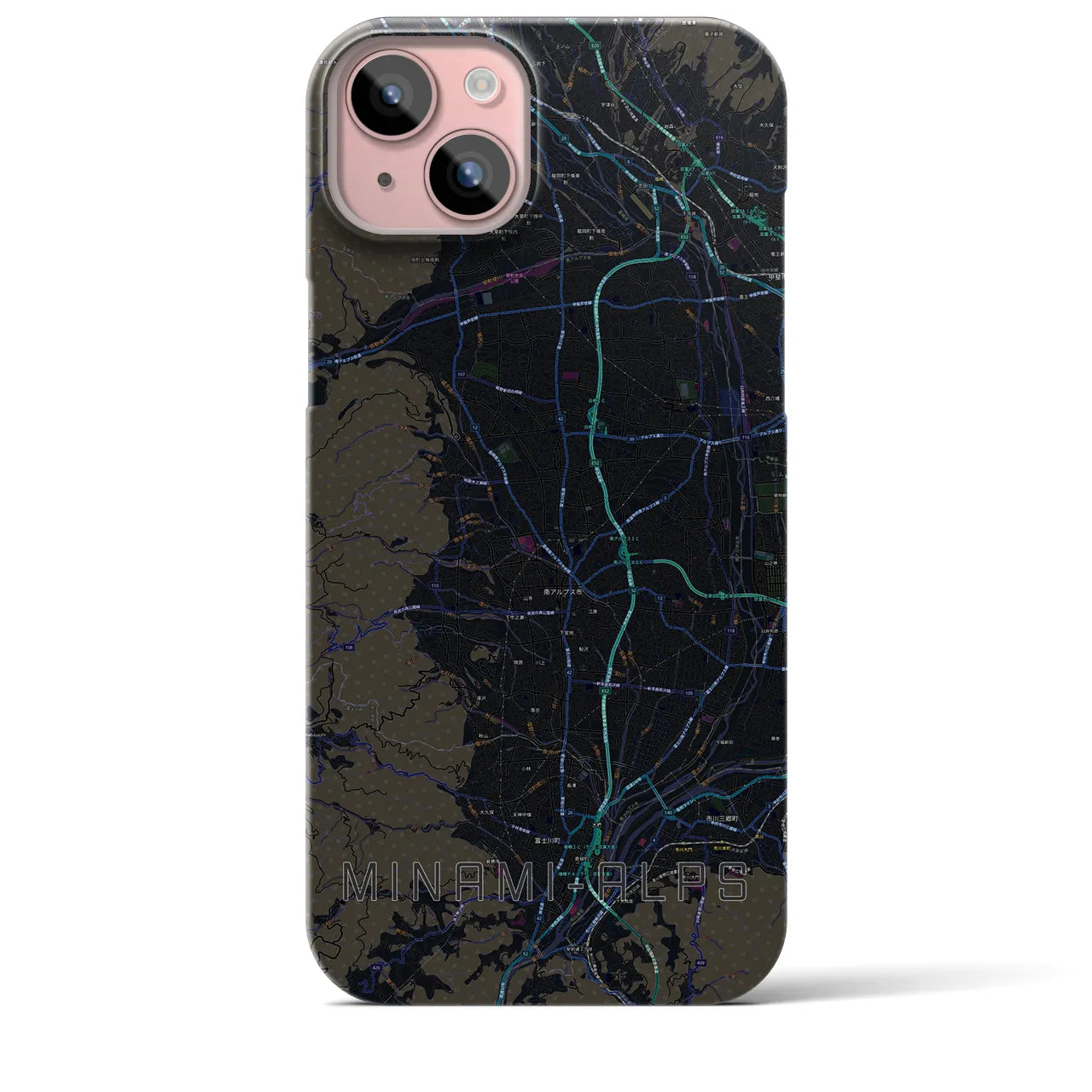 【南アルプス】地図柄iPhoneケース（バックカバータイプ・ブラック）iPhone 15 Plus 用