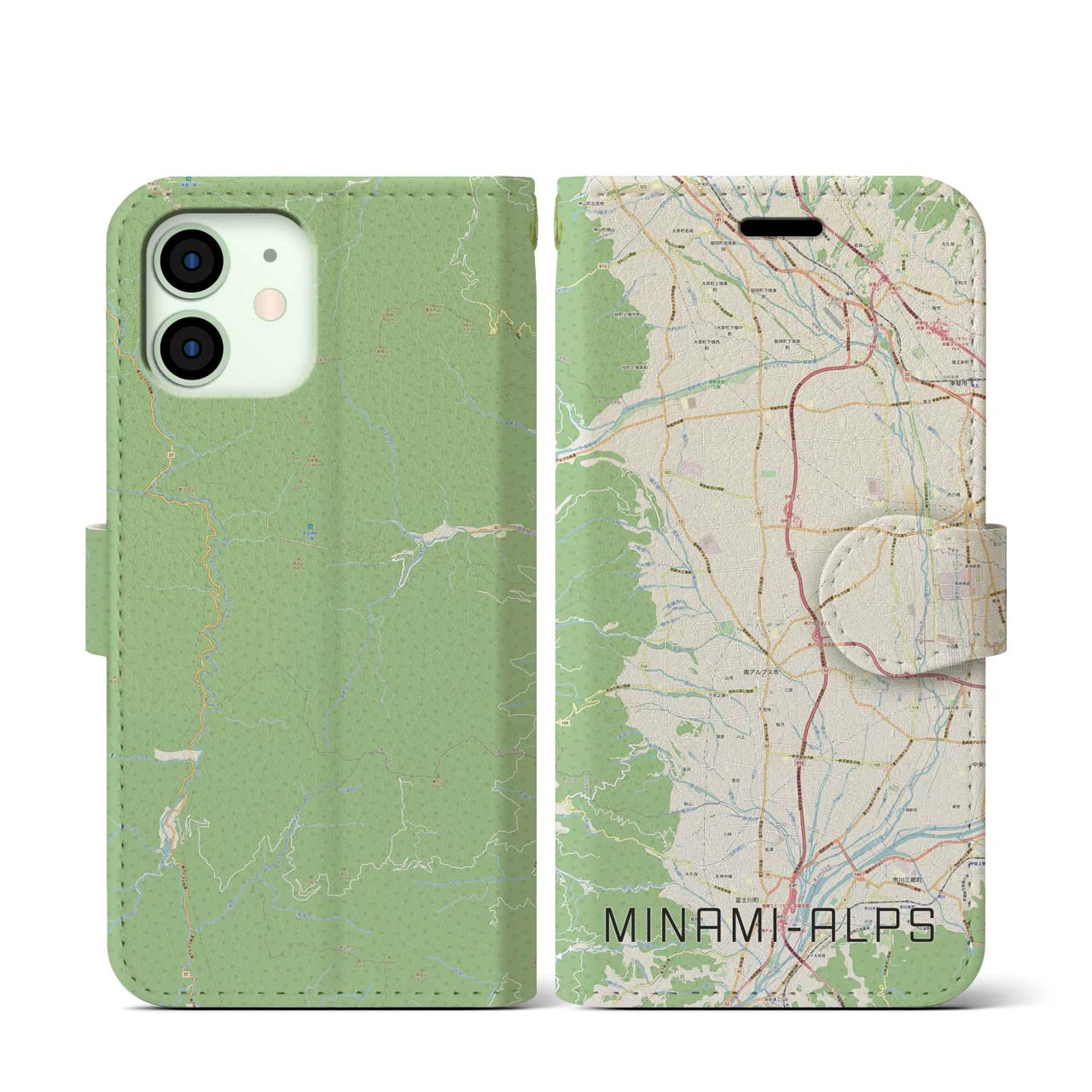 【南アルプス】地図柄iPhoneケース（手帳両面タイプ・ナチュラル）iPhone 12 mini 用