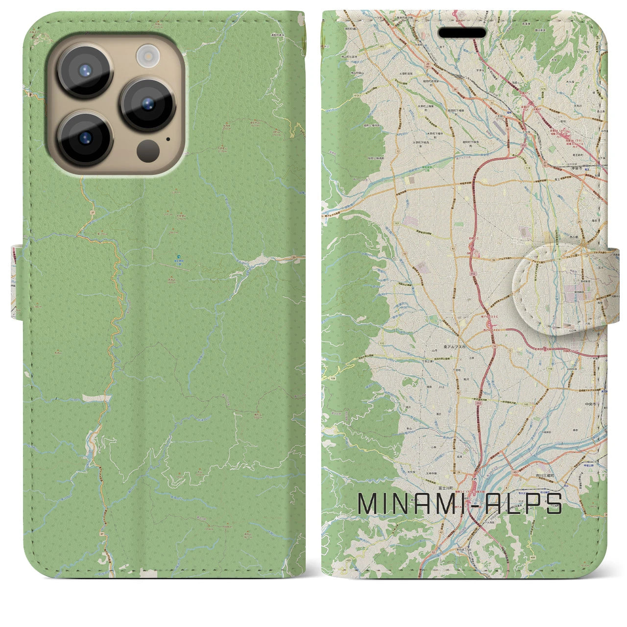 【南アルプス】地図柄iPhoneケース（手帳両面タイプ・ナチュラル）iPhone 14 Pro Max 用