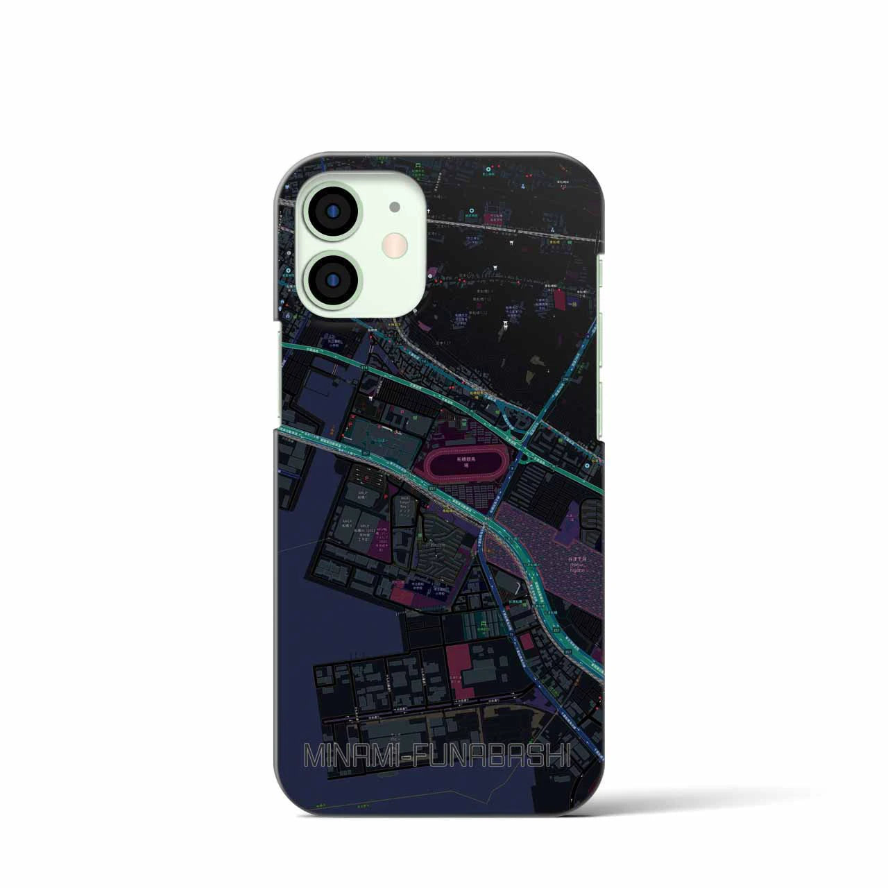 【南船橋】地図柄iPhoneケース（バックカバータイプ・ブラック）iPhone 12 mini 用