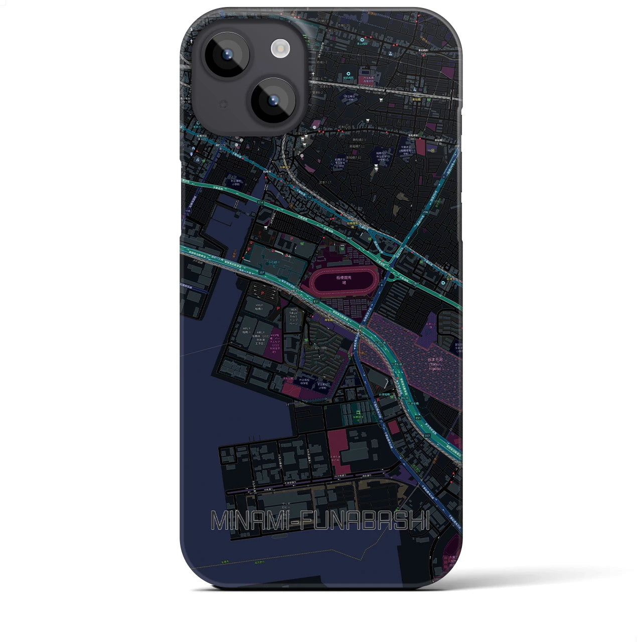 【南船橋】地図柄iPhoneケース（バックカバータイプ・ブラック）iPhone 14 Plus 用